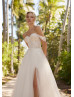 Off Shoulder Beaded Ivory Lace Tulle Slit Flowing Wedding Dress